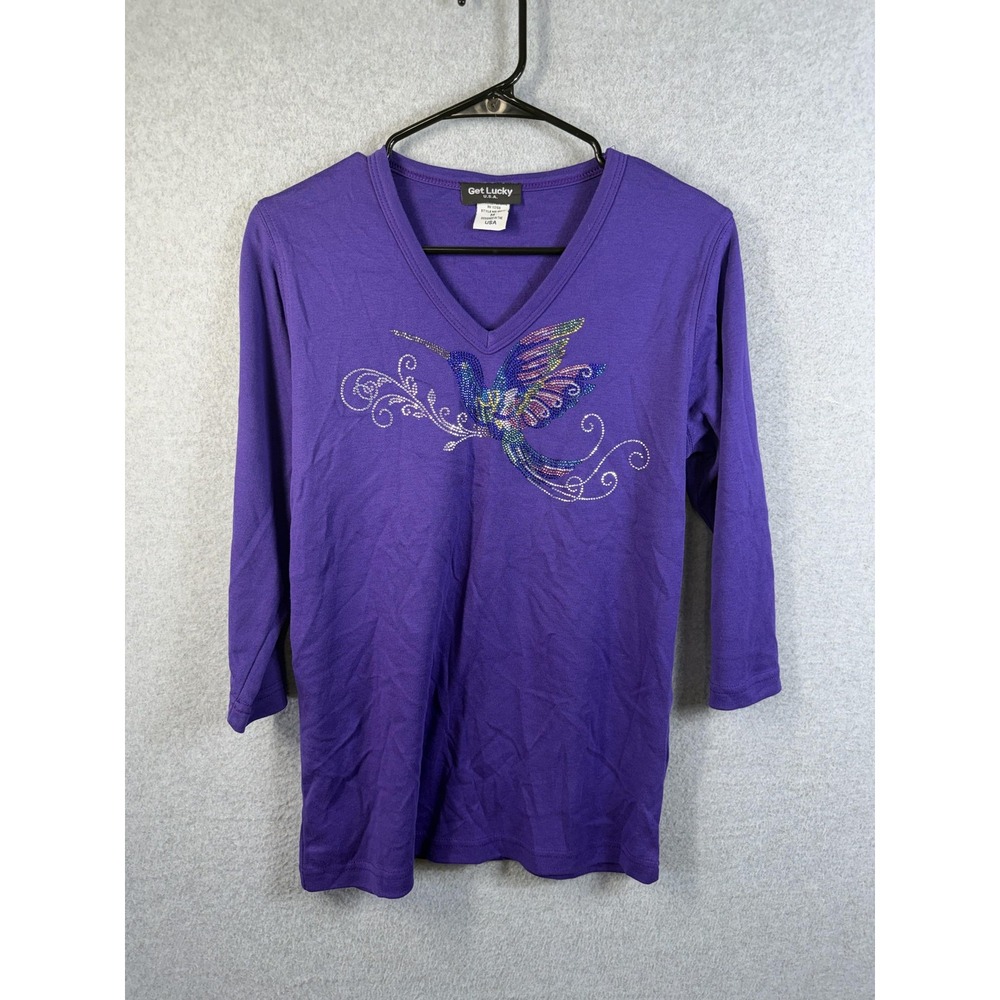 Get Lucky Shirt Womens Medium Purple V Neck 3/4 Sleeve Rhinestone Bird Top